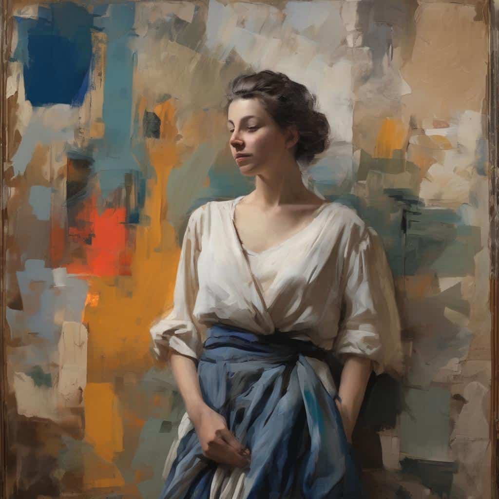 Λαμπερή γυναίκα πορτρέτο με αφαιρετικό στυλ και συμβολική γλώσσα τέχνης.