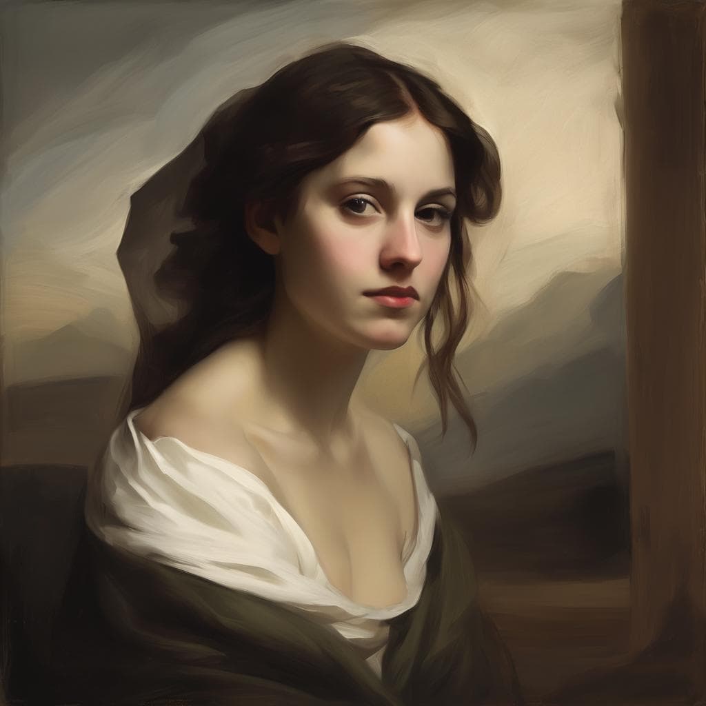 Όμορφη νεαρή γυναίκα σε ρεαλιστικό πορτρέτο με έμφαση στην τέχνη και την συμβολική γλώσσα.