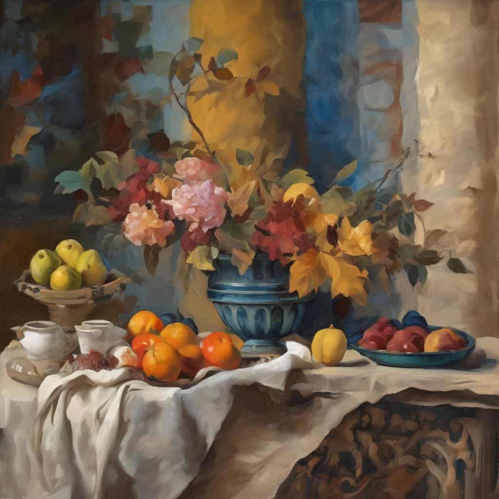 Λουλούδια σε βάζο με φρούτα και τσάι, συμβολική τέχνη και η ανάδειξη της γλώσσας στην τέχνη.